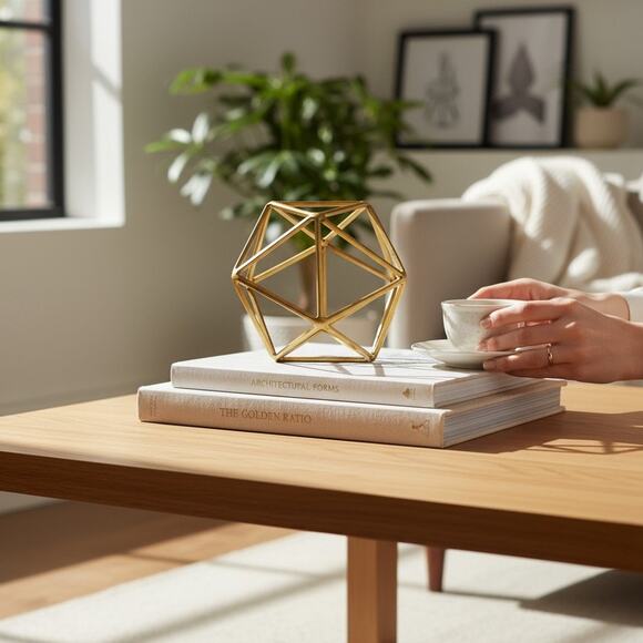 Modern Geometric Gold Metal Sculpture-Dodecahedron-Table Decor Accent-Art-Shelf - Picture 2 of 5